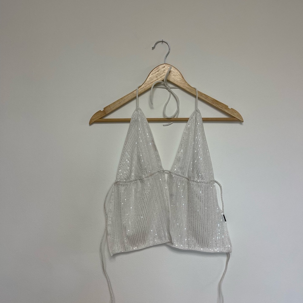 White Sequin Halter Crop Top